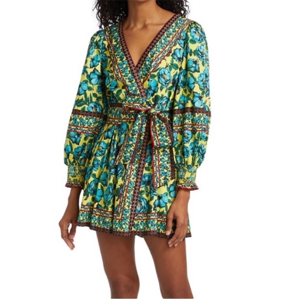 Alice + Olivia Yellow Turquoise Red Floral Simone Faux Wrap Mini Dress 8 Party